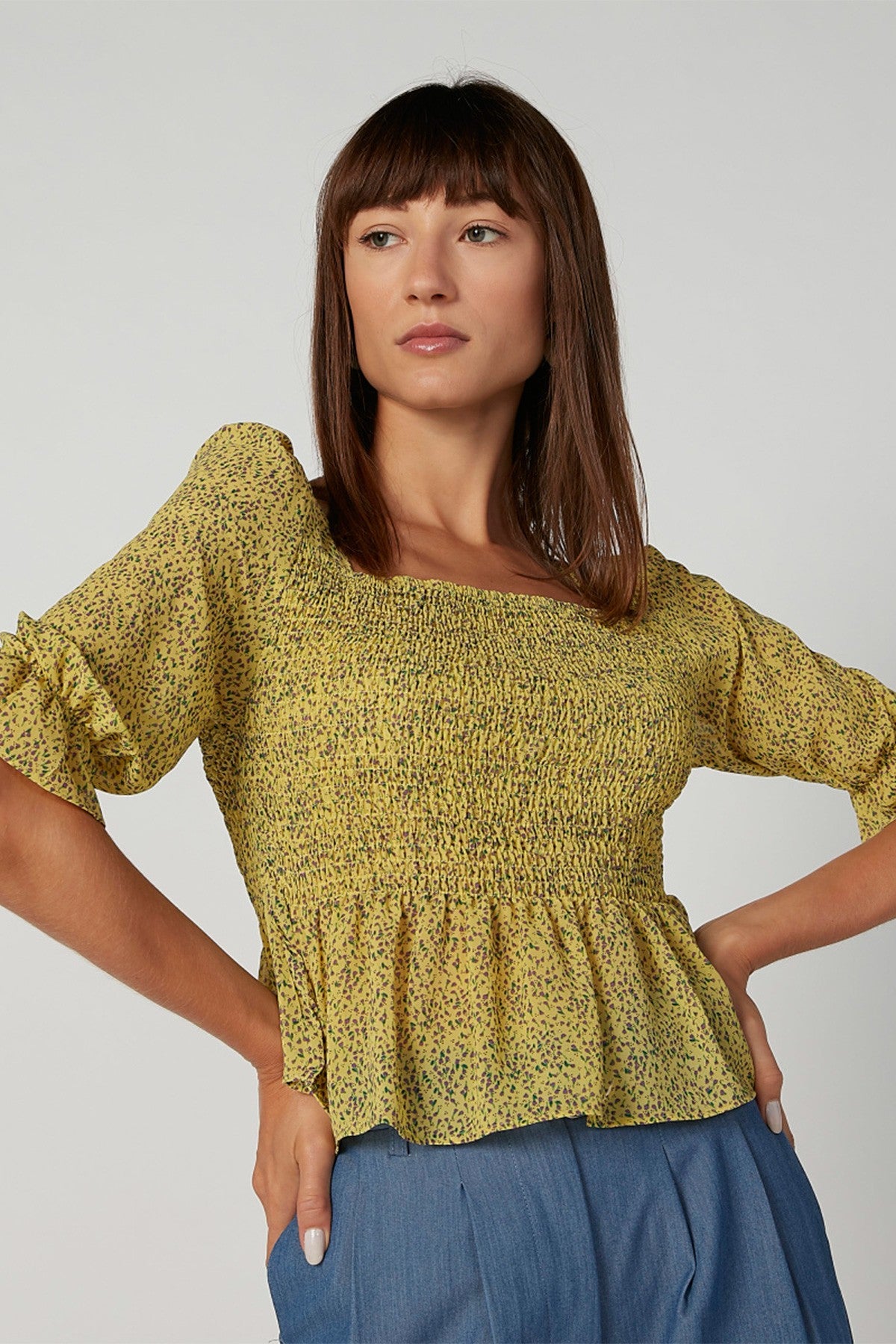 Skinny Fit Printed Crop Top with Square Neck and Flounce Sleeves