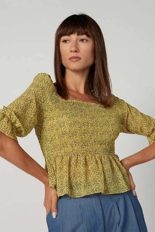 Skinny Fit Printed Crop Top with Square Neck and Flounce Sleeves