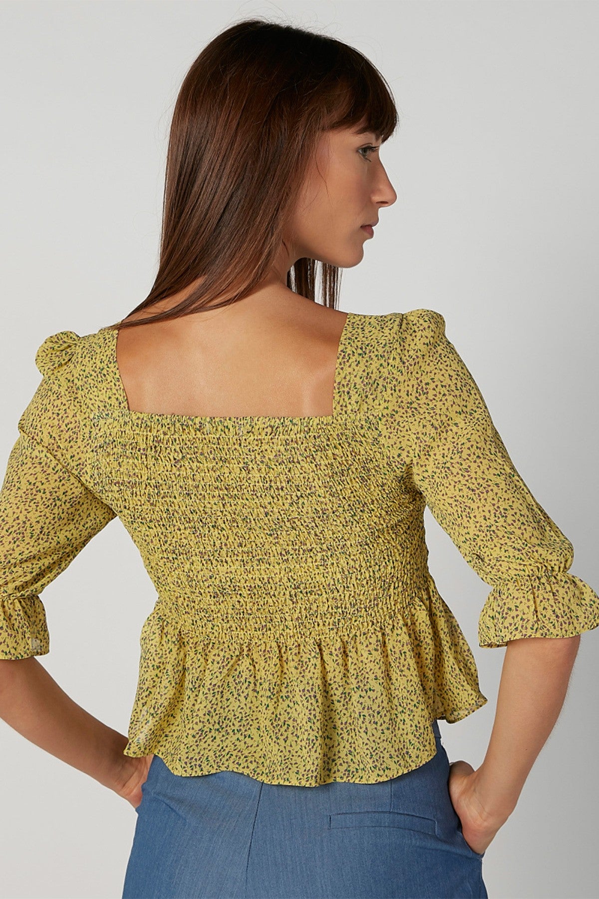 Skinny Fit Printed Crop Top with Square Neck and Flounce Sleeves
