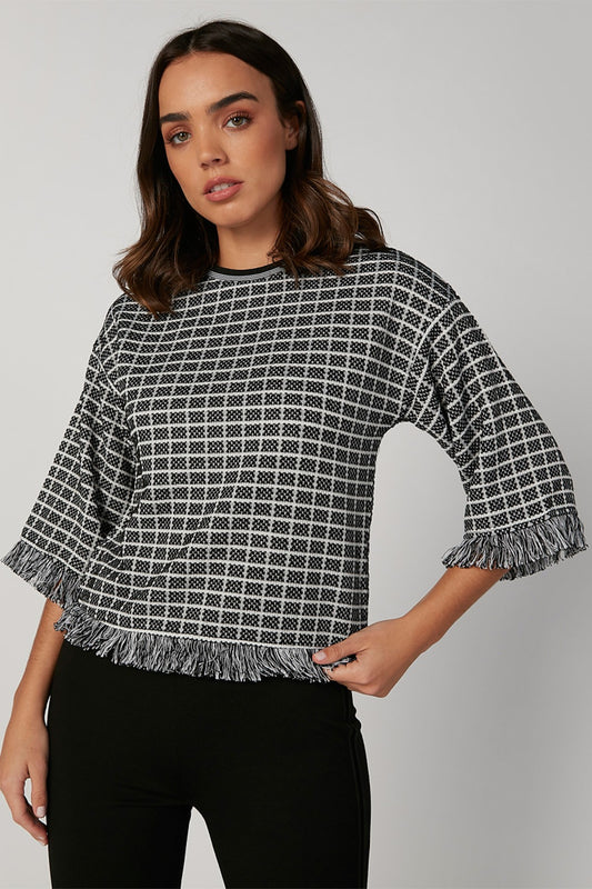 Chequered Round Neck Top with 3/4 Sleeves and Fringes