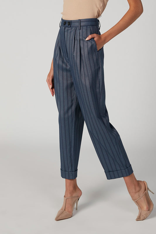 Striped Mid Waist Pants with Elasticised Waistband and Pocket Detail