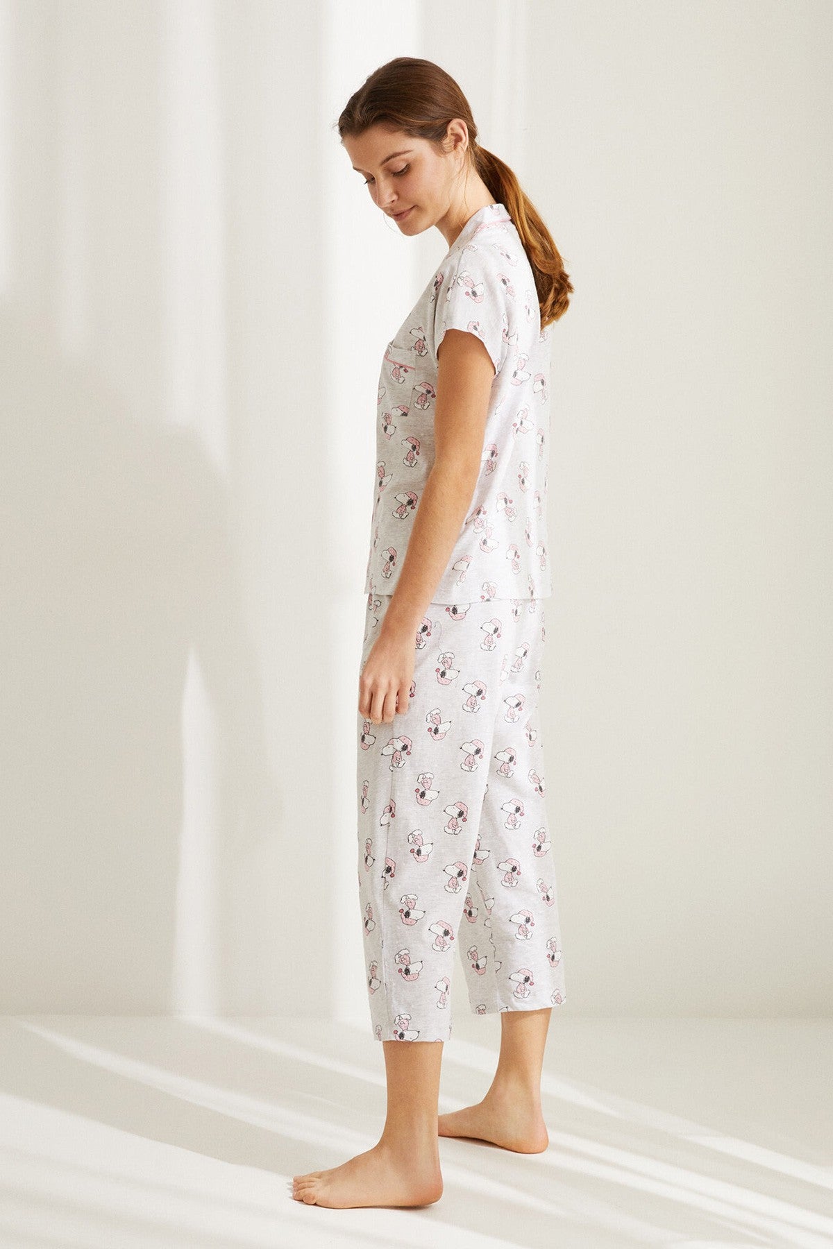Long Pink Snoopy Cotton Pyjamas With Shirt Collar