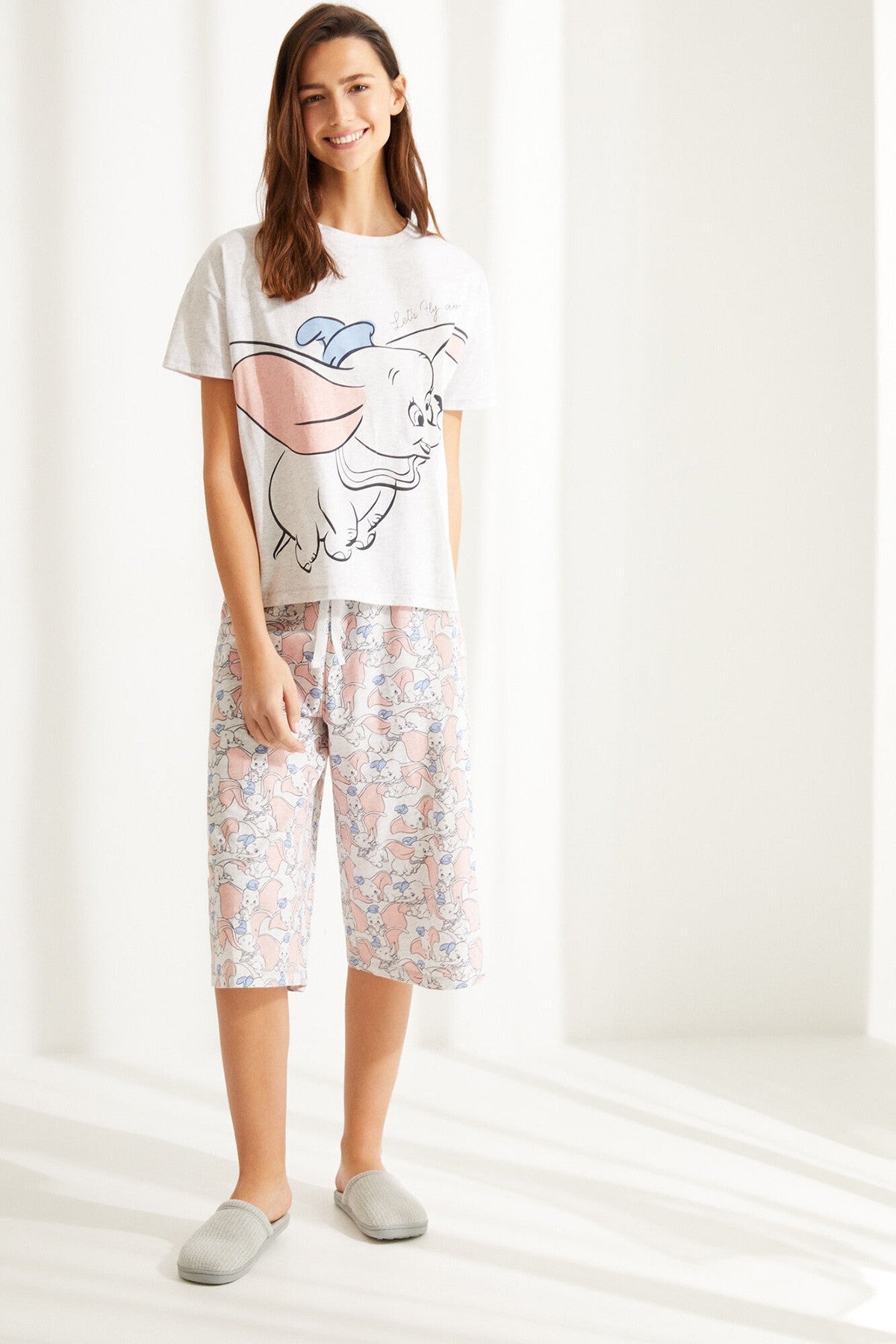 Grey Cotton Short-Sleeved Dumbo Capri Pyjamas