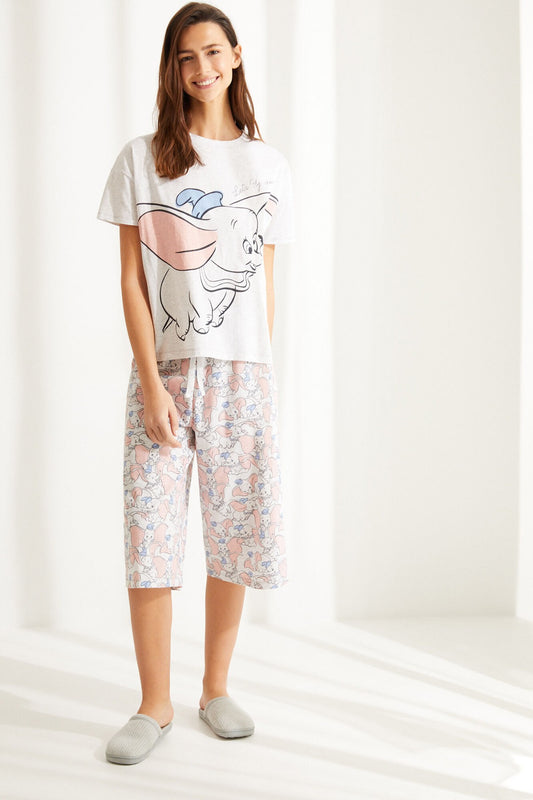 Grey Cotton Short-Sleeved Dumbo Capri Pyjamas