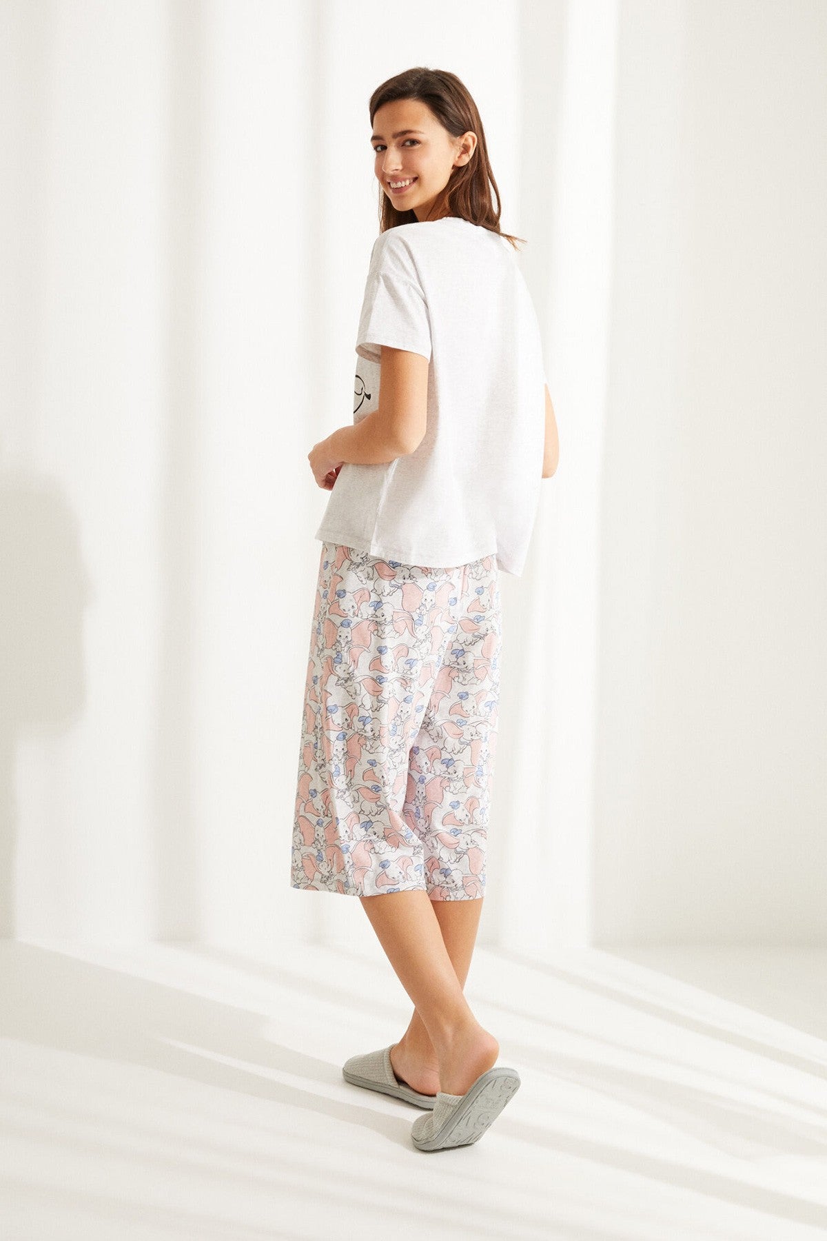 Grey Cotton Short-Sleeved Dumbo Capri Pyjamas