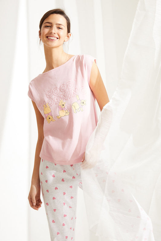 Pink Cotton Winnie The Pooh Short-Sleeved Capri Pyjamas