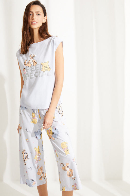 Blue Cotton Winnie The Pooh Short-Sleeved Capri Pyjamas