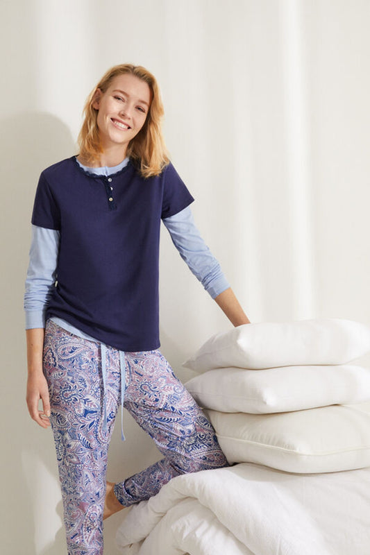 Blue Cotton Lace Henley T-Shirt