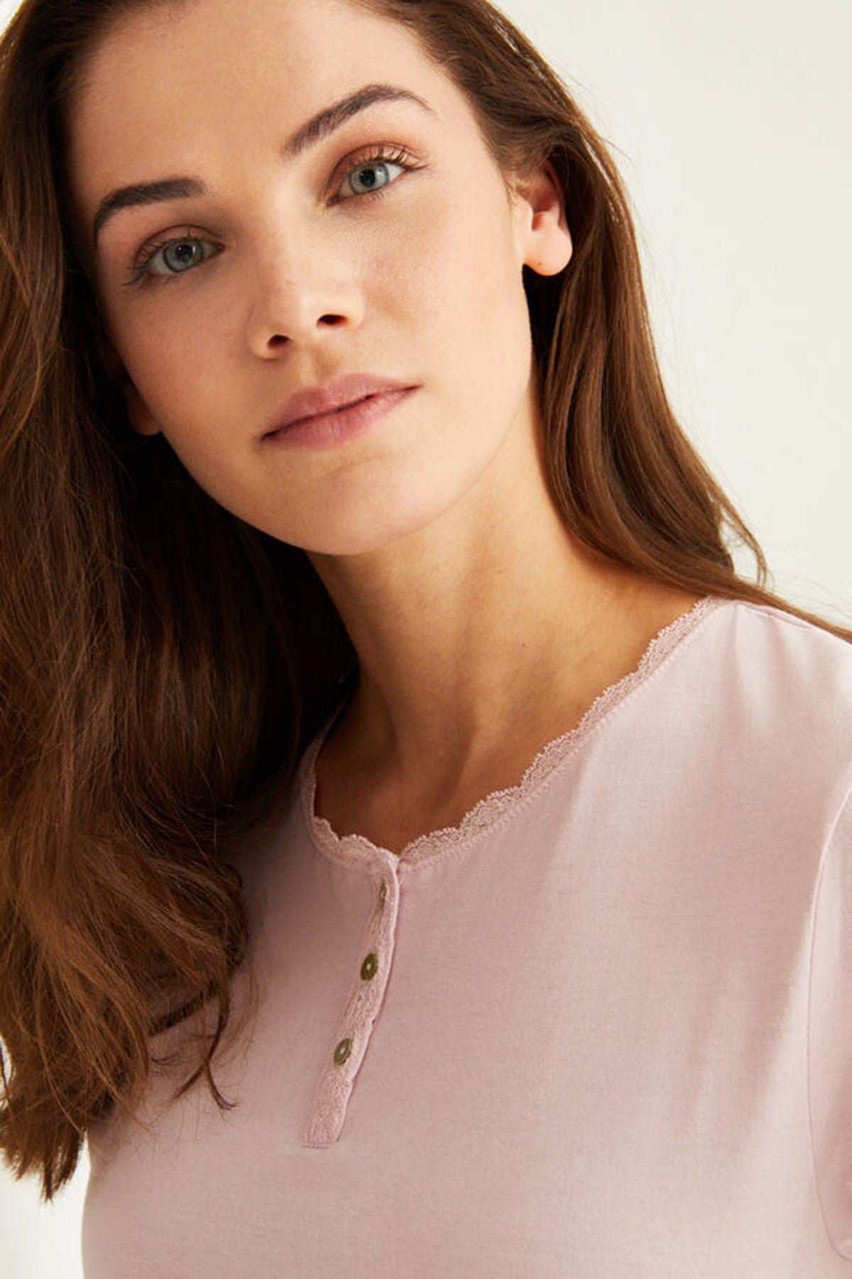 Pink Cotton Lace Henley T-Shirt