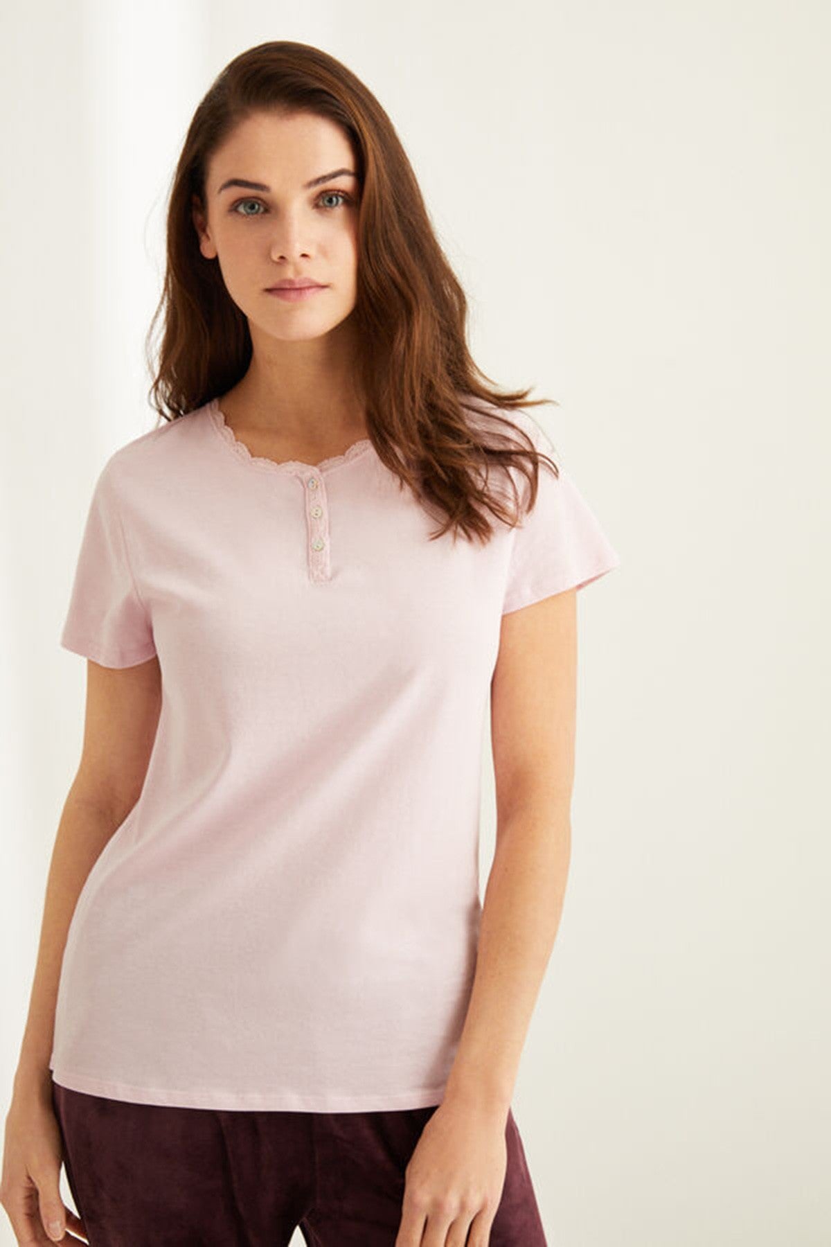 Pink Cotton Lace Henley T-Shirt