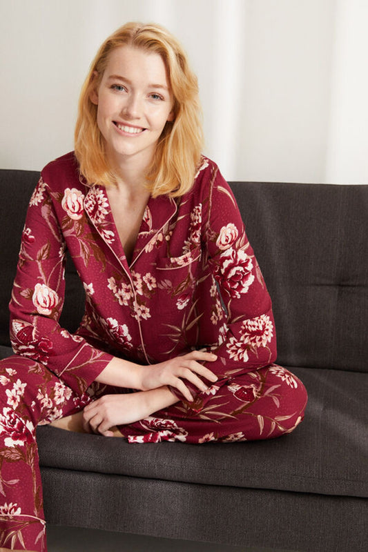 Classic Long Maroon Floral Pyjamas